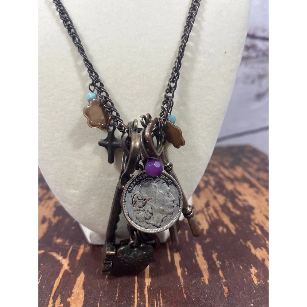 Vintage‎ Charm Necklace with Keys Coin and Beaded Accents